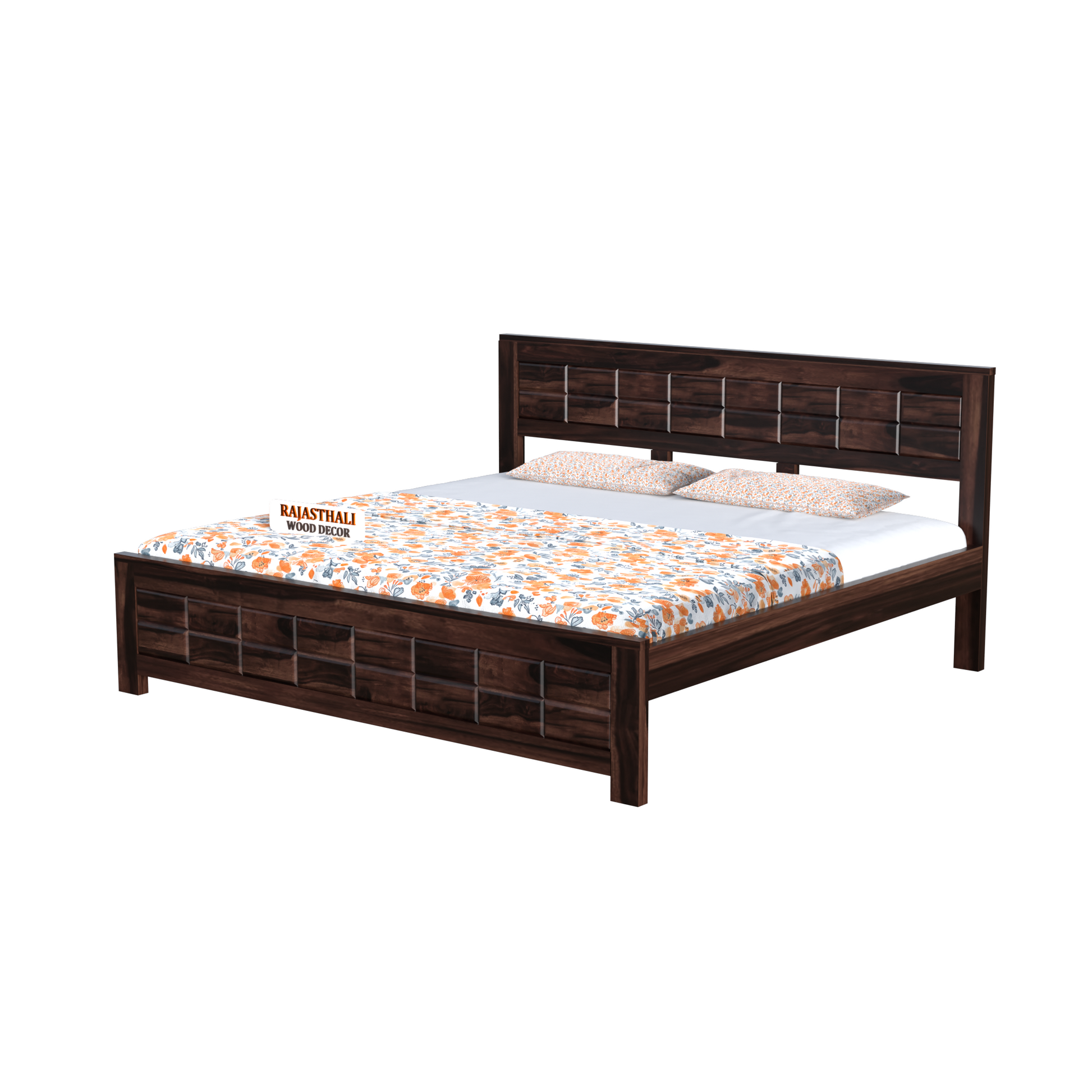 Solid Sheesham Wood King Size Bed with Headboard and Without Storage, Walnut Finish - Rajasthali Furniture 