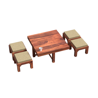 Kerry Wooden Center Table cum Coffee Table with four Stool with upholstery in Natural and walnutFinish 35" - Rajasthali Furniture 