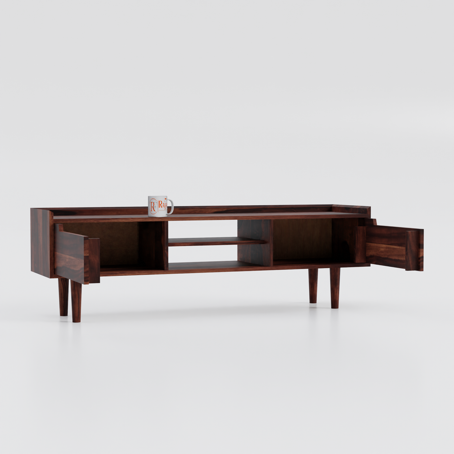 Solid Wood Two Door with one center wooden Shelf LCD cabinet with rustic legs in honey oak finish