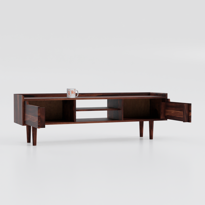 Solid Wood Two Door with one center wooden Shelf LCD cabinet with rustic legs in honey oak finish