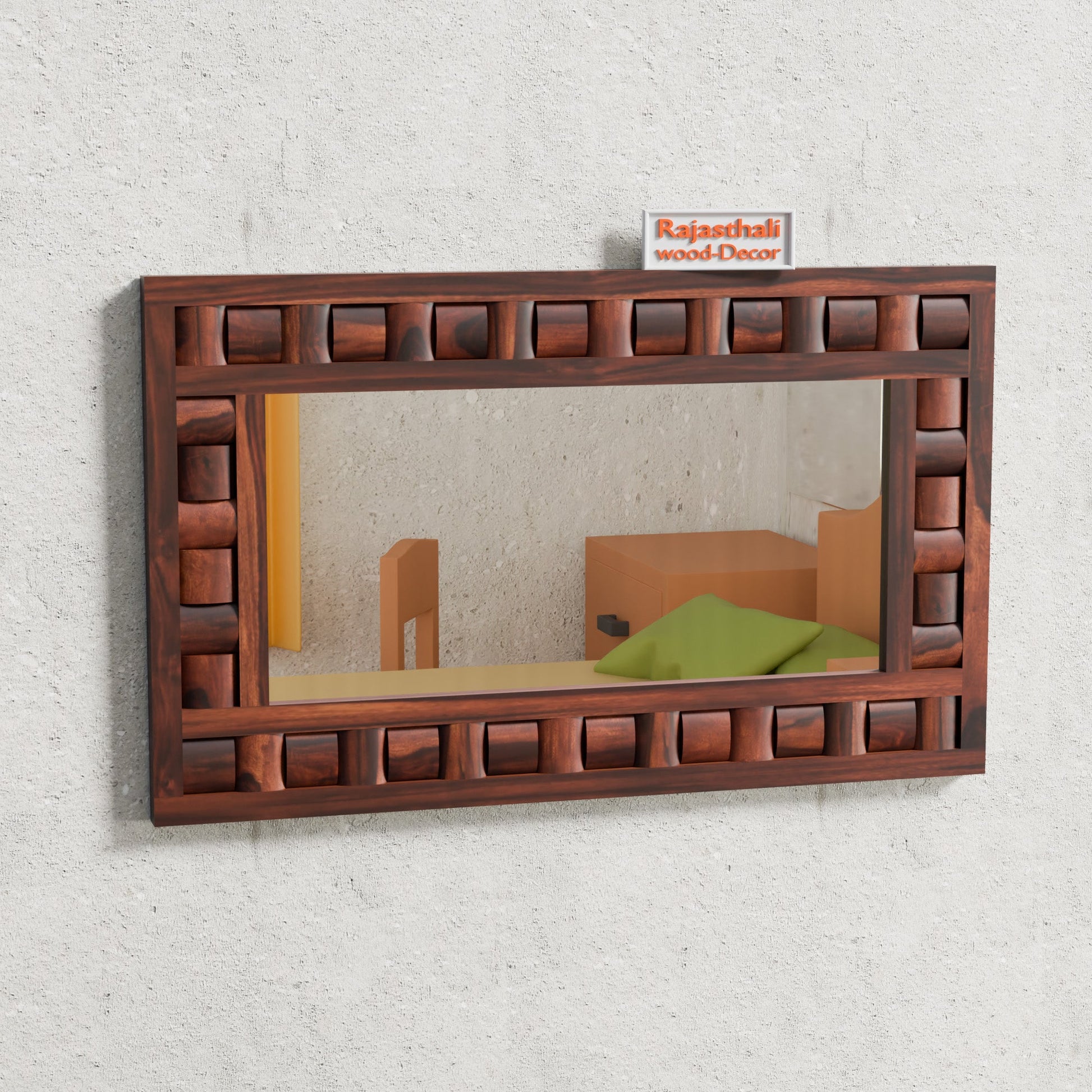 Doyle Wooden Niwar Design Wall Mirror cum Dresser Mirror for Bedroom or Washroom in Natural and Walnut Finish 46inches - Rajasthali Furniture 