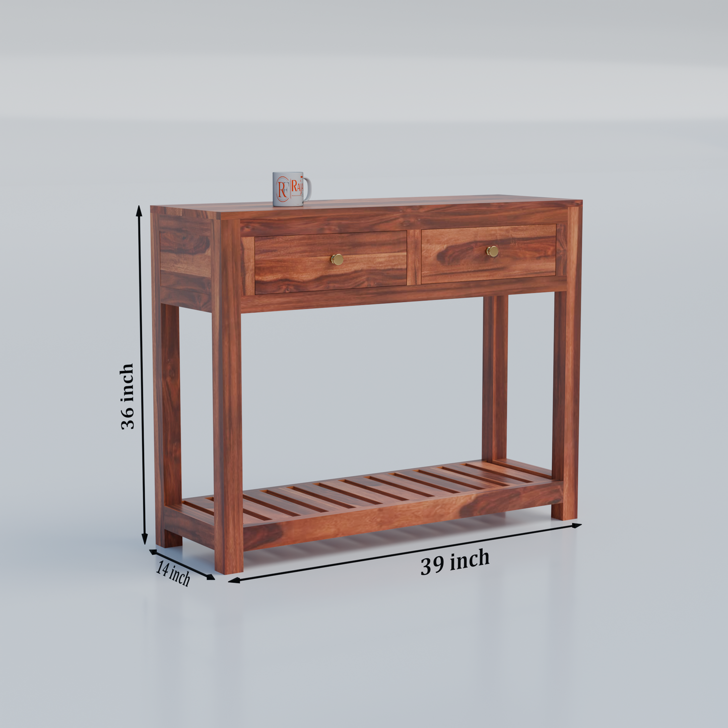 Solid Wood Two Drawer Console Unit with Table Top for Your Bedroom, Wooden Console for Bathroom in Natural Finish