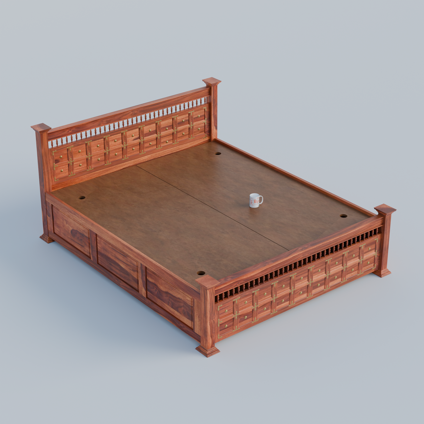 Solid Wood King Size Double with Brass LT Plus Design in Honey Oak and Walnut Color