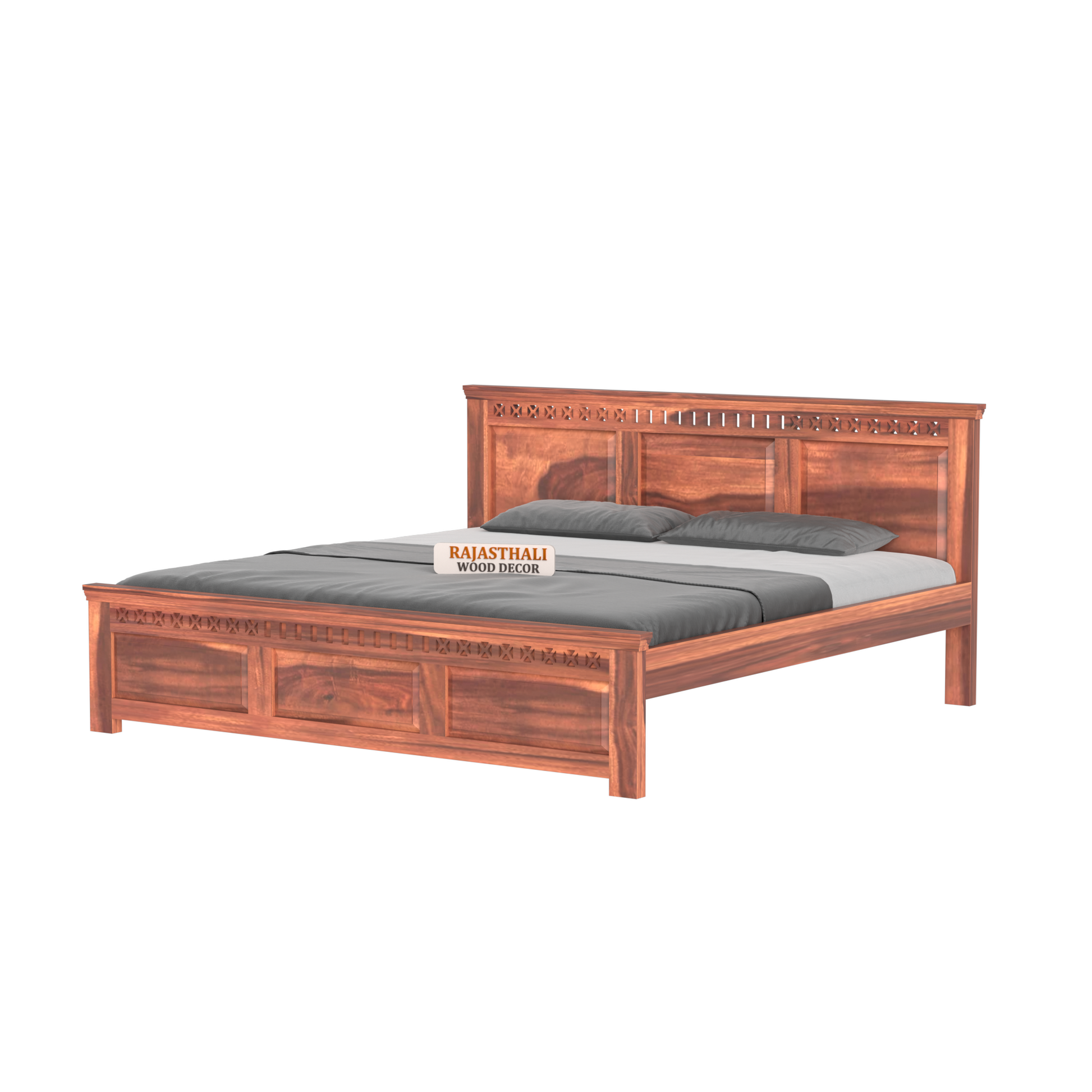 Solid Sheesham Wood King Size Bed with Headboard and Without Storage, Natural Finish - Rajasthali Furniture 