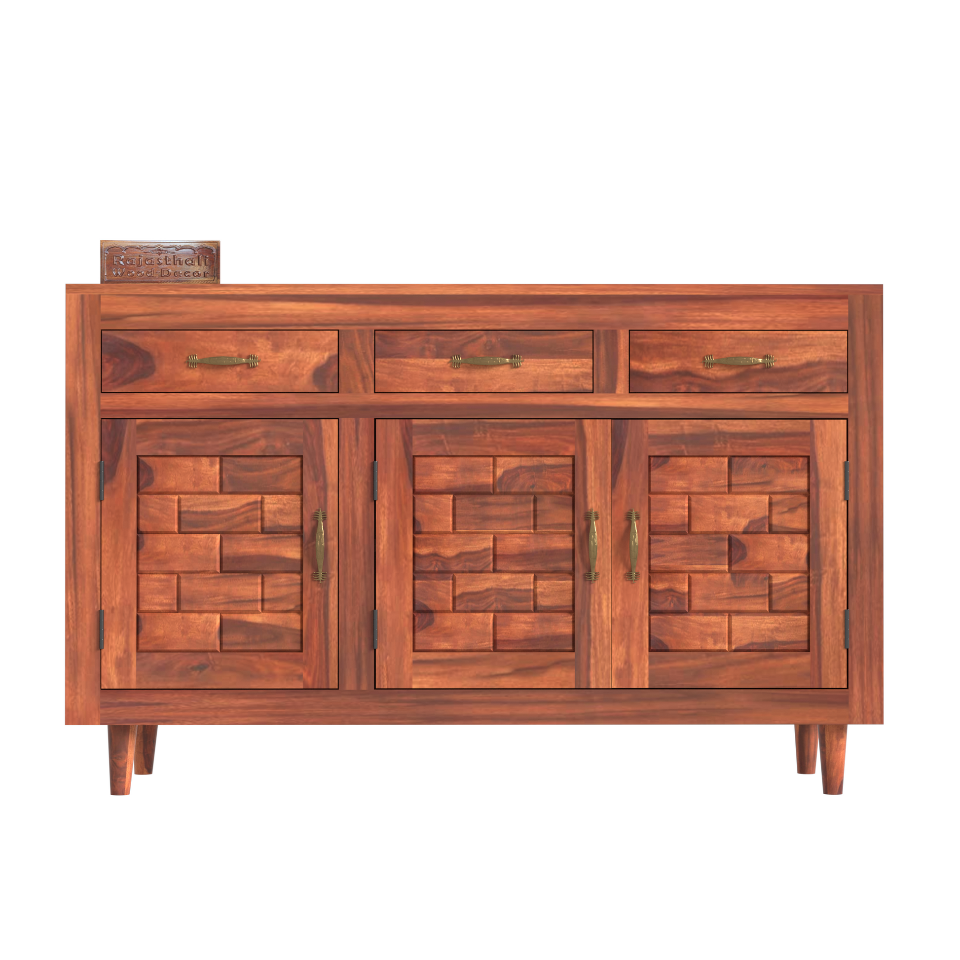 Wooden Sideboard Storage Cabinet with 3 Drawers and 3 Doors Storage Wooden Cabinet for Living Room in Natural Finish - Rajasthali Furniture 