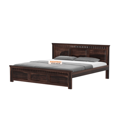 Solid Sheesham Wood King Size Bed with Headboard and Without Storage, Walnut Finish - Rajasthali Furniture 