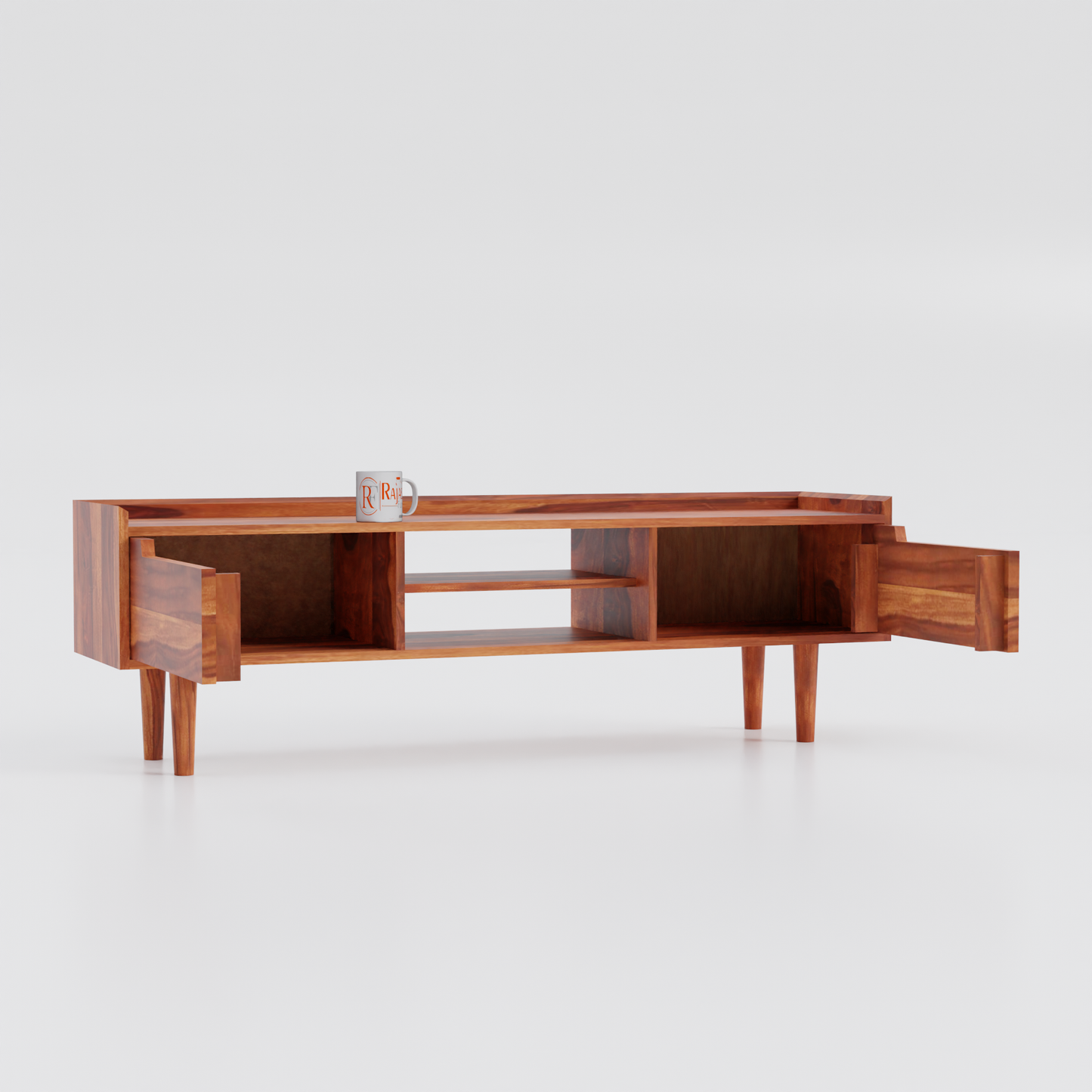 Solid Wood Two Door with one center wooden Shelf LCD cabinet with rustic legs in honey oak finish