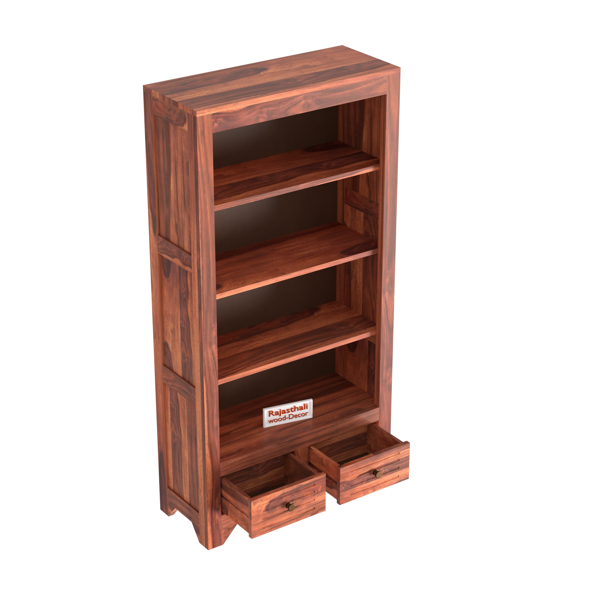 Wooden  Two Drawer 3 Shelves book shelf cum display cabinet in Honey Oak Color with Natural Finish - Rajasthali Furniture 
