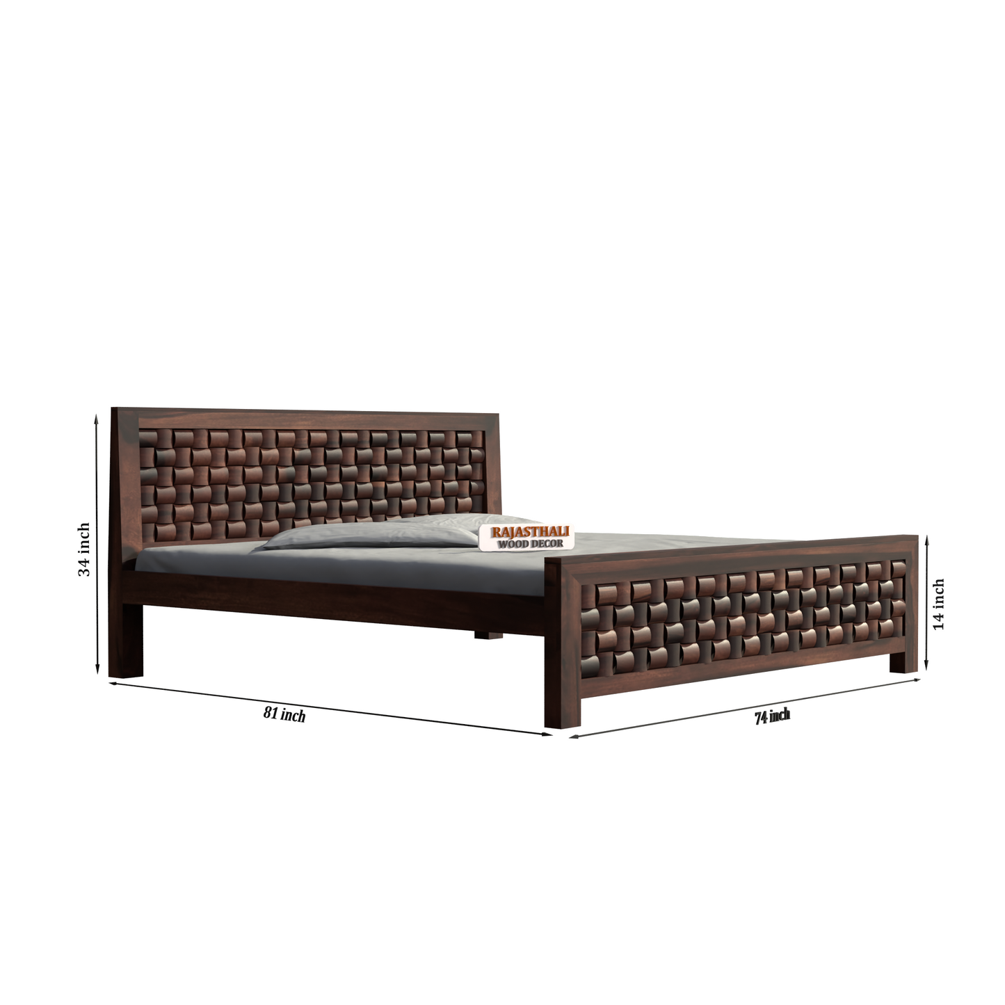 Solid Sheesham Wood King Size Bed with Headboard and Without Storage, Walnut Finish - Rajasthali Furniture 