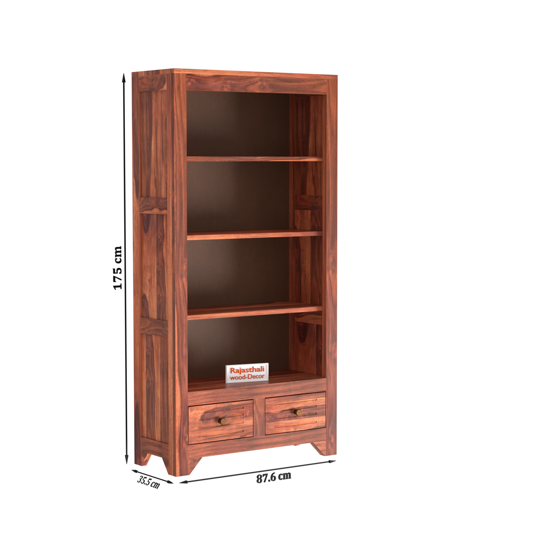 Wooden  Two Drawer 3 Shelves book shelf cum display cabinet in Honey Oak Color with Natural Finish - Rajasthali Furniture 