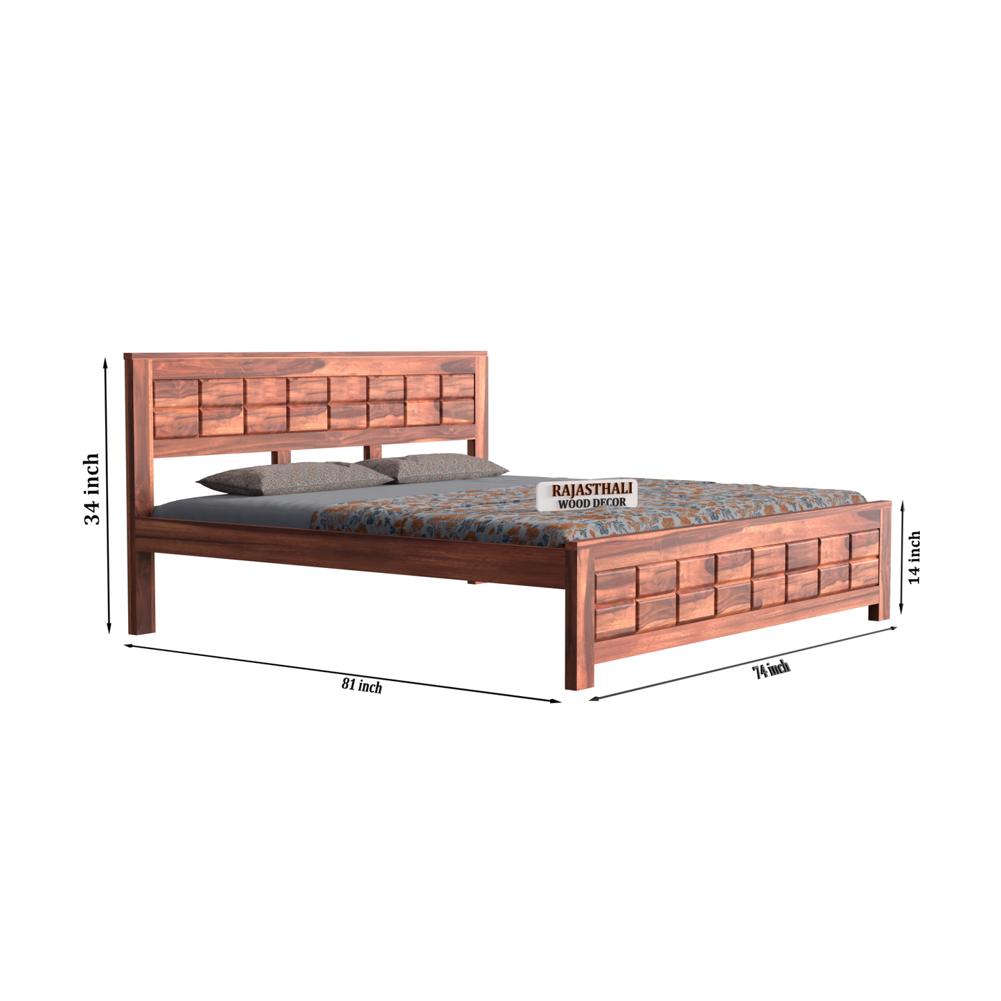 Solid Sheesham Wood King Size Bed with Headboard and Without Storage, Natural Finish - Rajasthali Furniture 