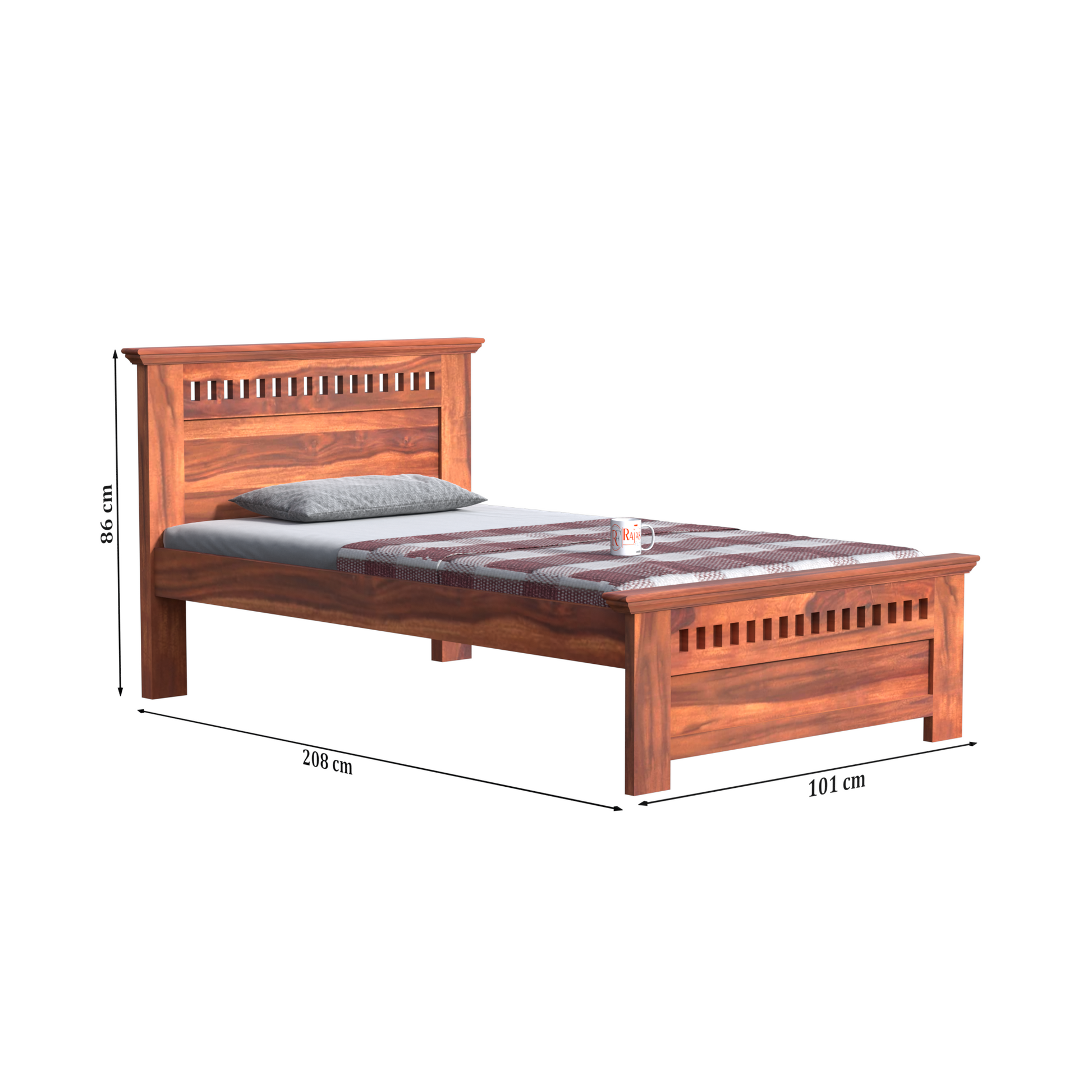 Wooden Single Bed with Block Design without storage for Bedrrom in Natural and Walnut Finish - Rajasthali Furniture 