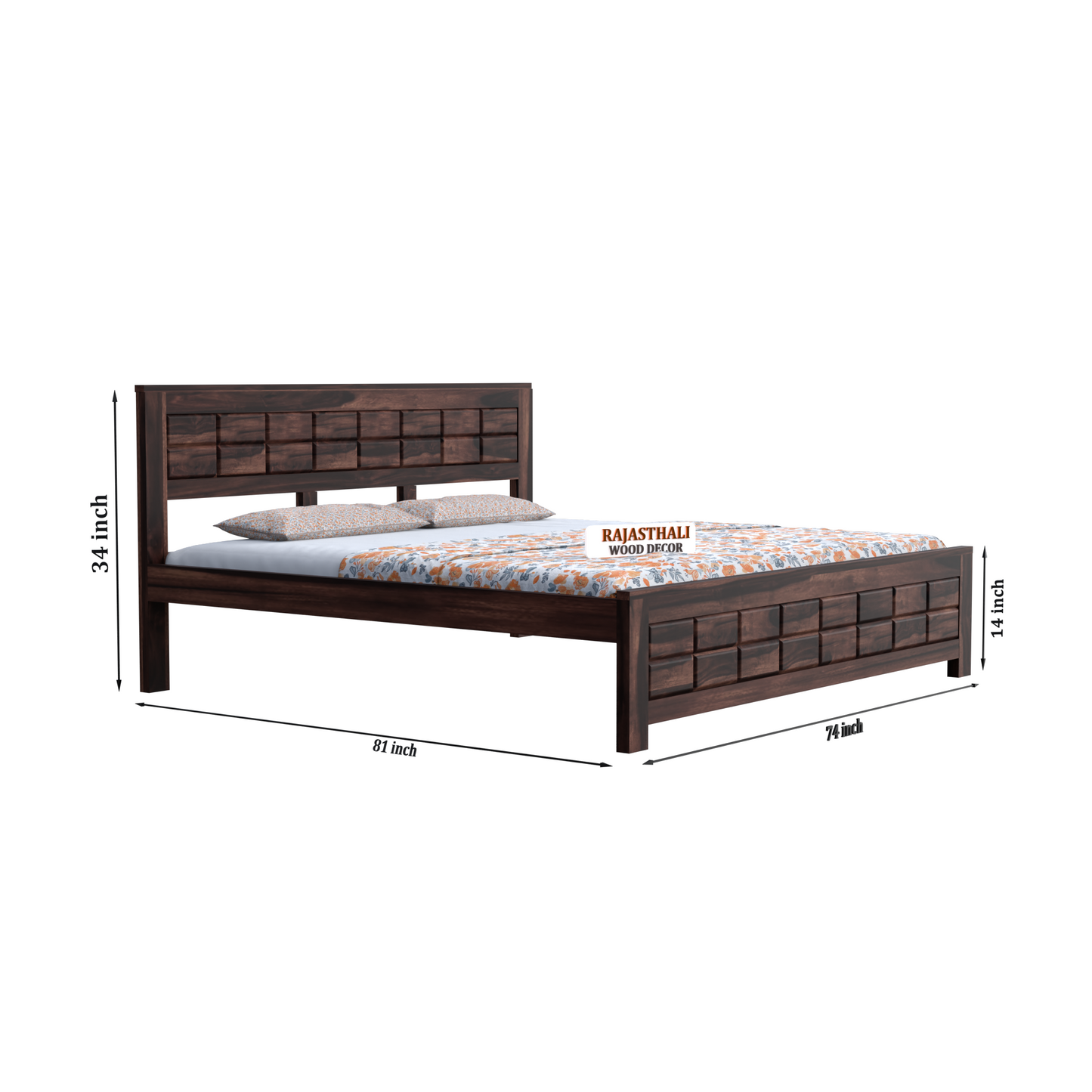 Solid Sheesham Wood King Size Bed with Headboard and Without Storage, Walnut Finish - Rajasthali Furniture 