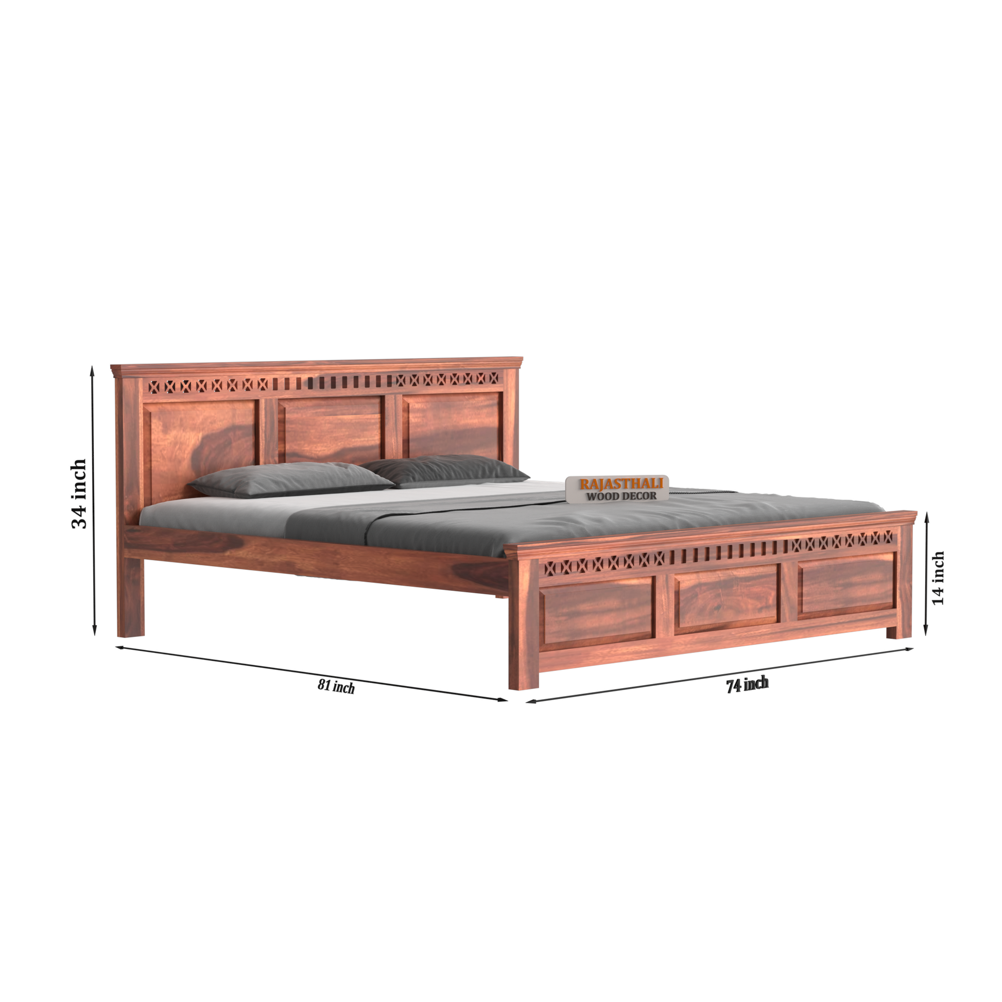 Solid Sheesham Wood King Size Bed with Headboard and Without Storage, Natural Finish - Rajasthali Furniture 