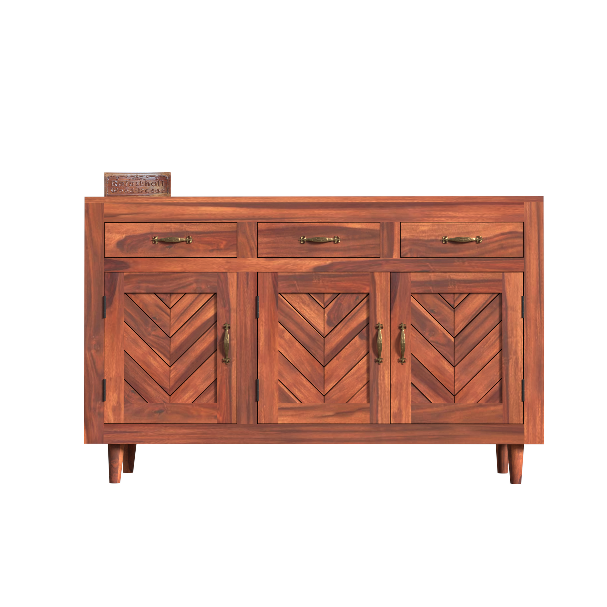 Wooden Sideboard Storage Cabinet with 3 Drawers and 3 Doors Storage Wooden Cabinet for Living Room in Natural Finish - Rajasthali Furniture 