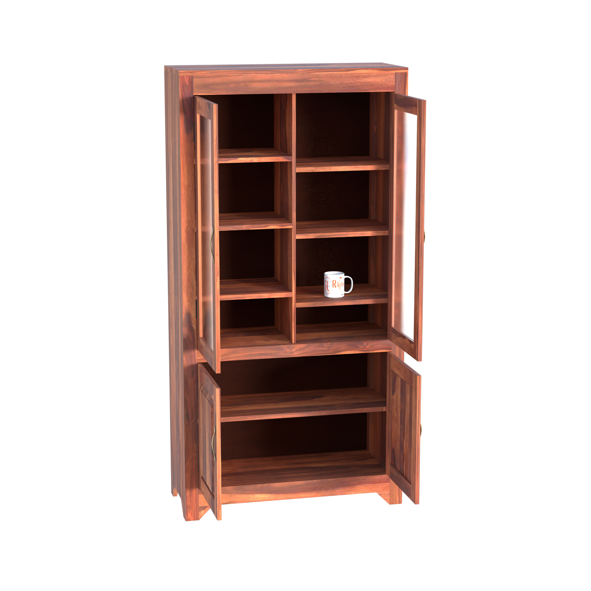 Wooden Display Cabinet with Glass and Wood Doors, 4 Doors Storage Unit in Natural and Walnut Finish - Rajasthali Furniture 