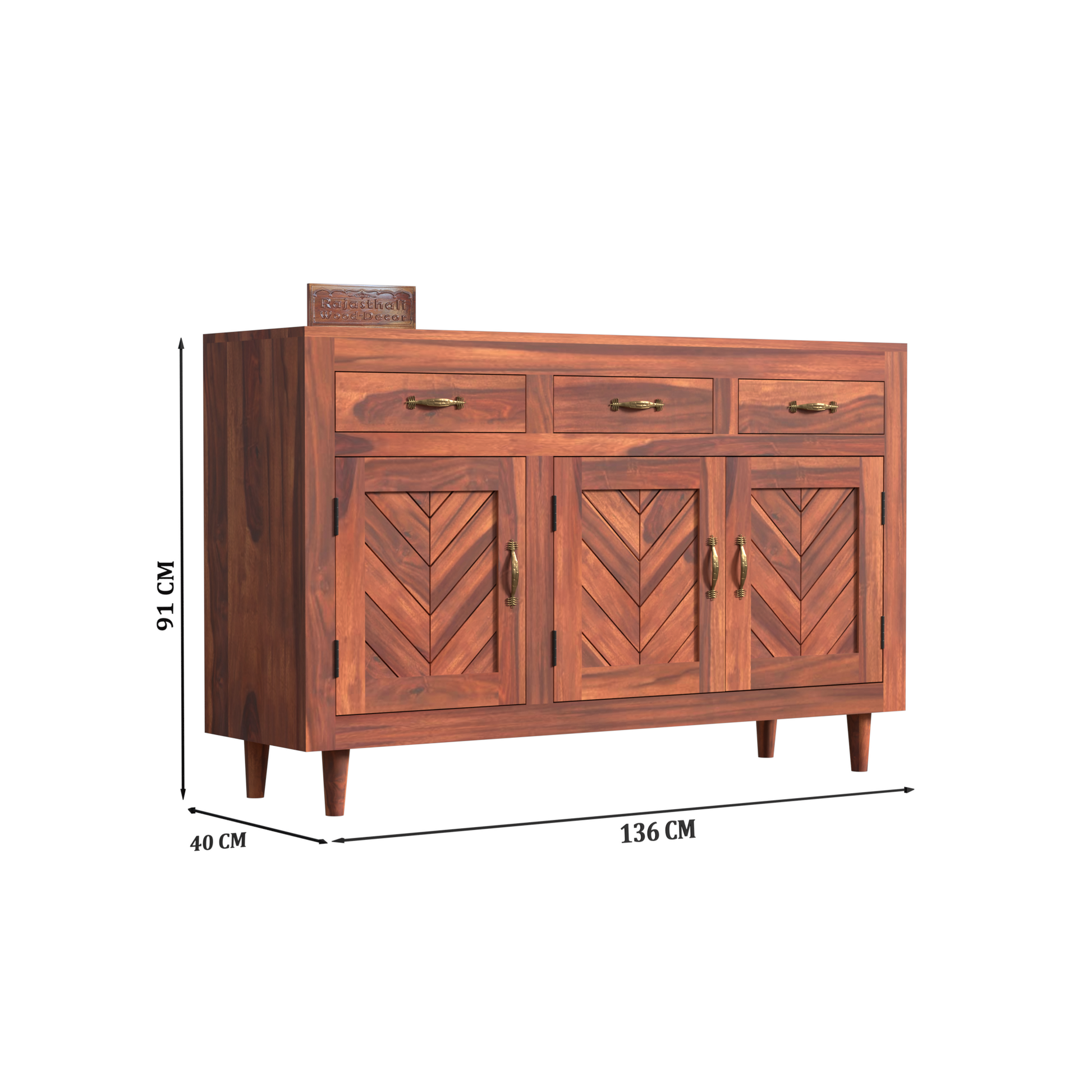 Wooden Sideboard Storage Cabinet with 3 Drawers and 3 Doors Storage Wooden Cabinet for Living Room in Natural Finish - Rajasthali Furniture 