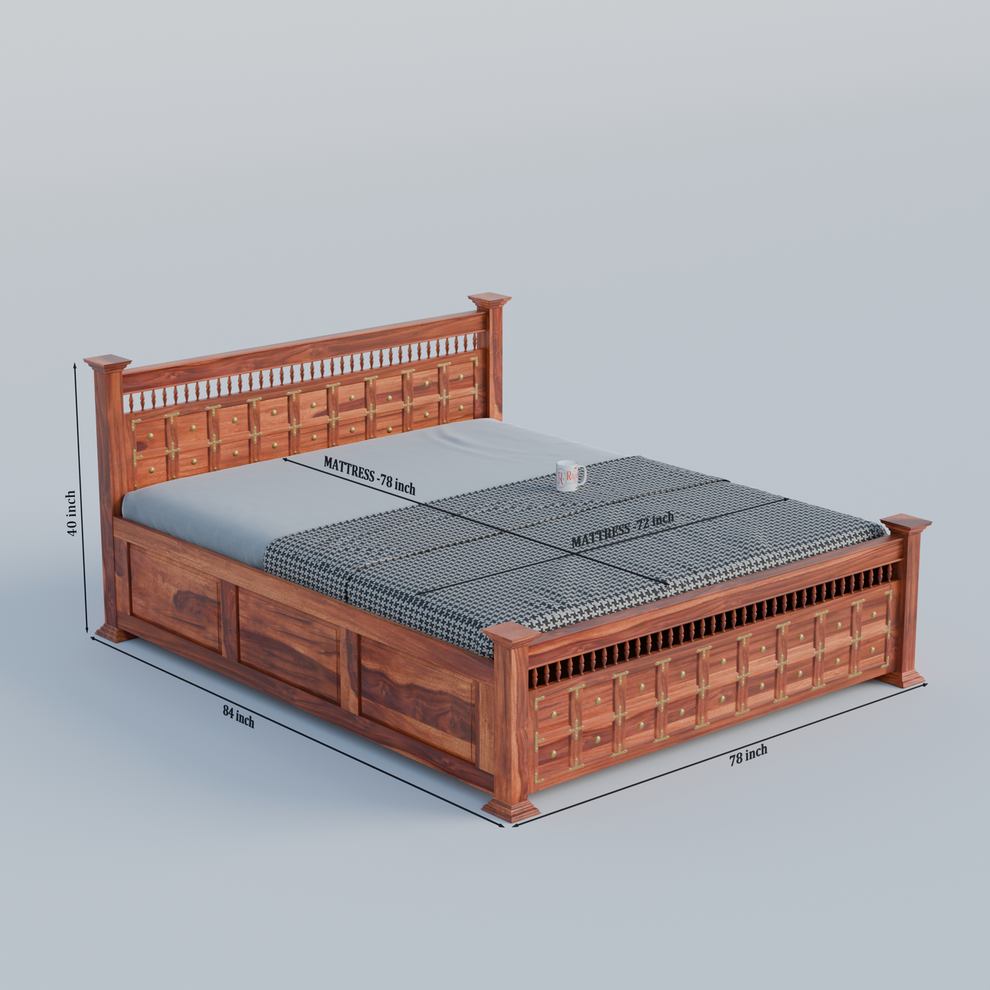 Solid Wood King Size Double with Brass LT Plus Design in Honey Oak and Walnut Color