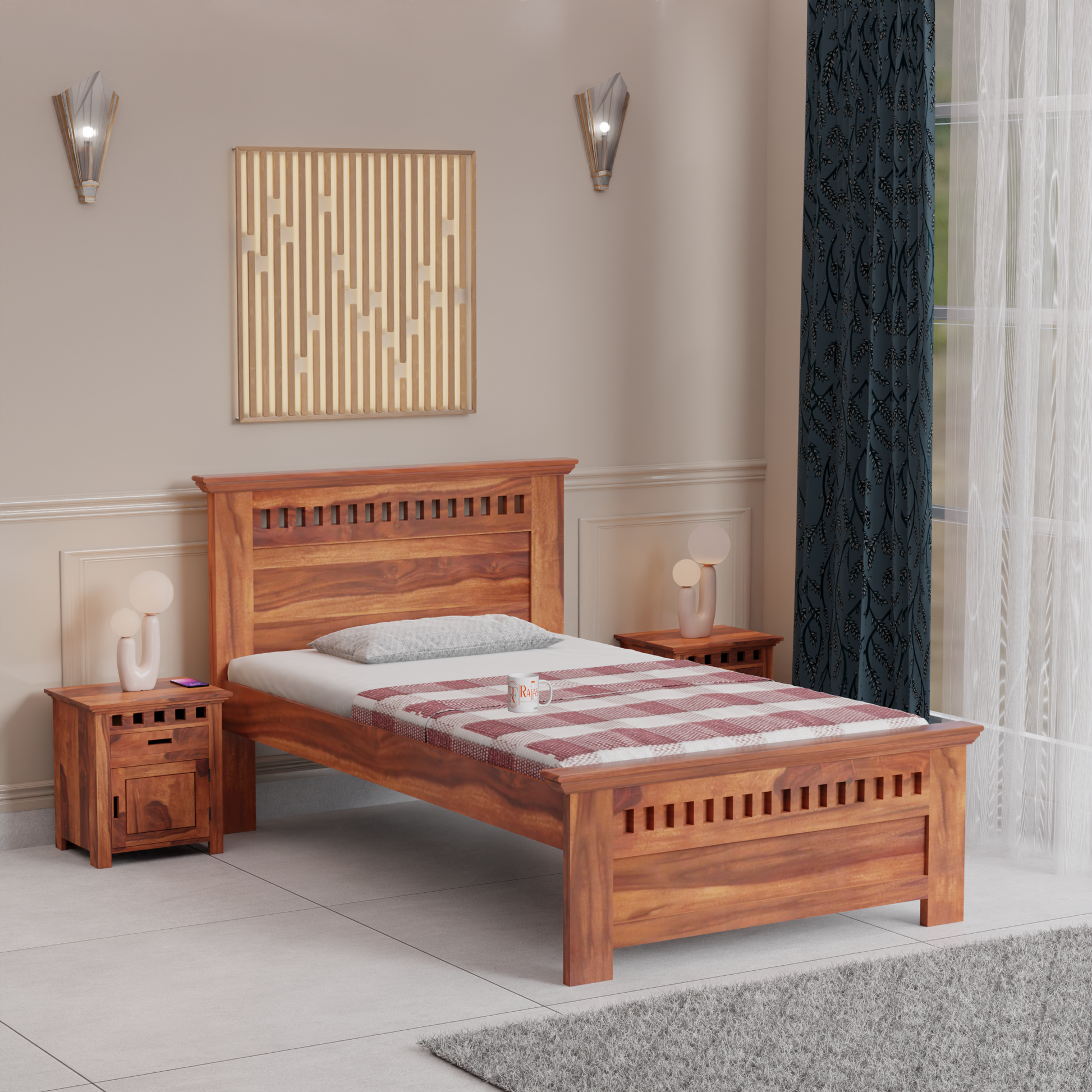 Wooden Single Bed with Block Design without storage for Bedrrom in Natural and Walnut Finish - Rajasthali Furniture 