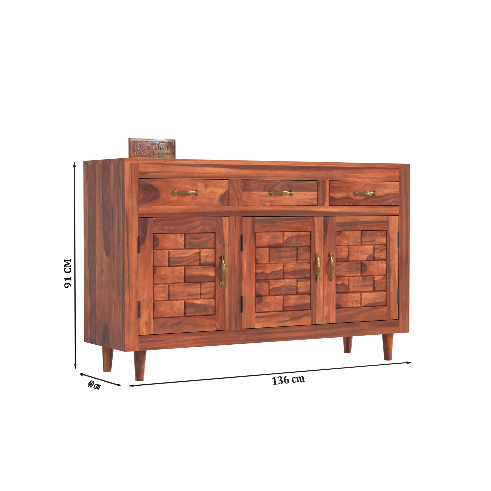 Wooden Sideboard Storage Cabinet with 3 Drawers and 3 Doors Storage Wooden Cabinet for Living Room in Natural Finish - Rajasthali Furniture 