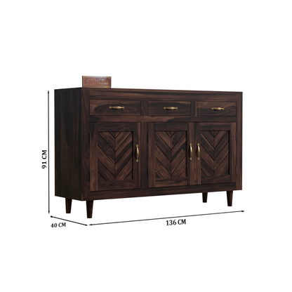 Wooden Sideboard Storage Cabinet with 3 Drawers and 3 Doors Storage Wooden Cabinet for Living Room in Walnut Finish - Rajasthali Furniture 