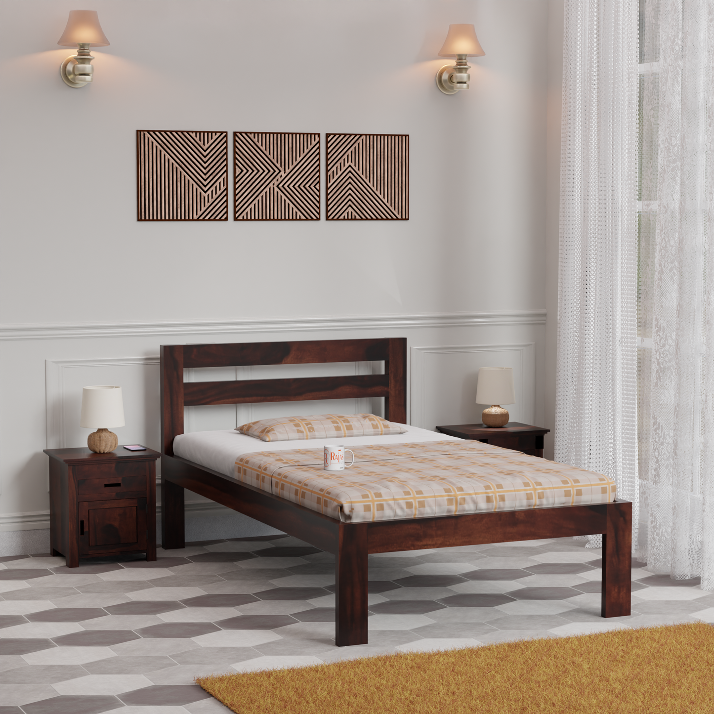Wooden Single Bed with Open Design Headboard without storage For Bedrrom and kids room in Natural Finish - Rajasthali Furniture 