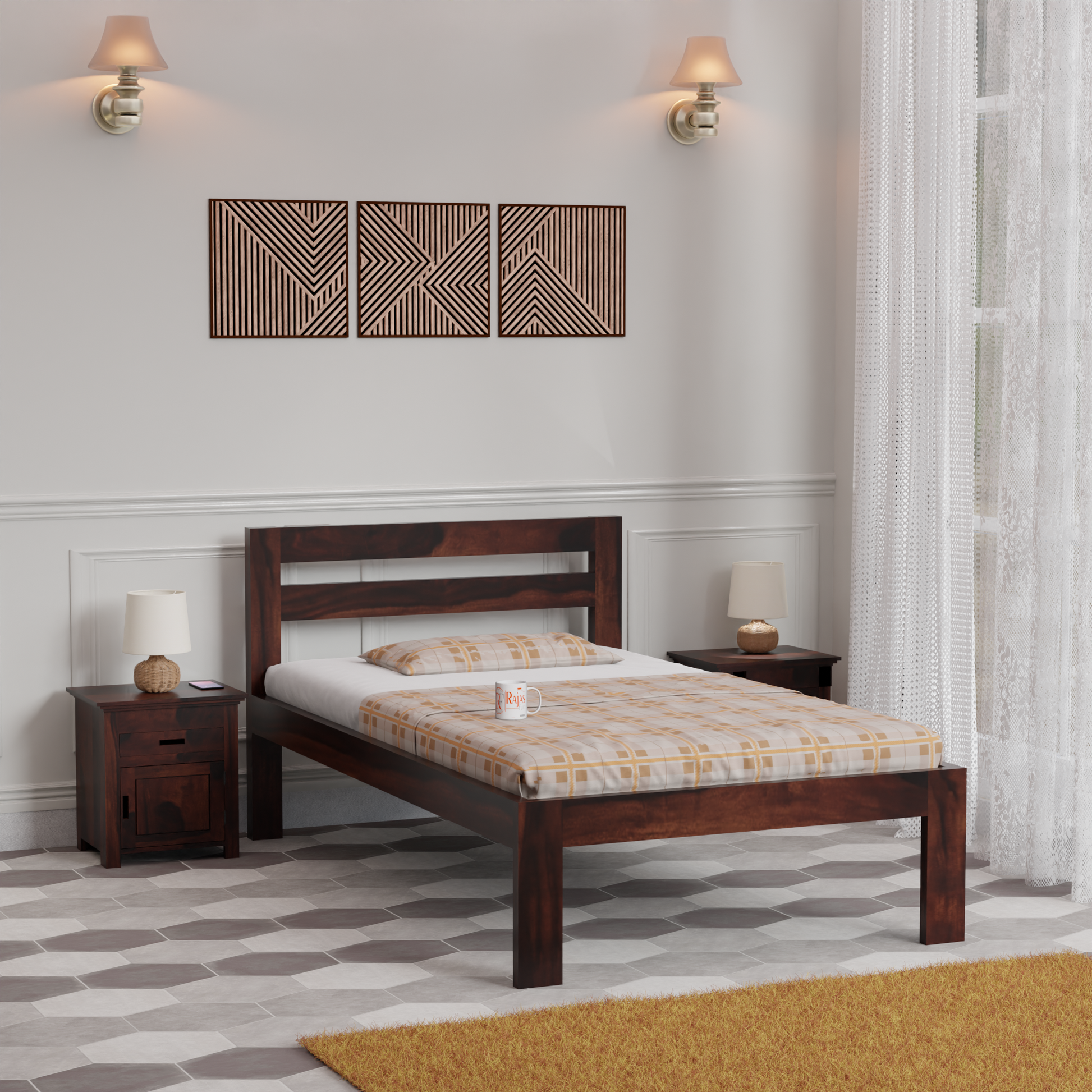 Wooden Single Bed with Open Design Headboard without storage For Bedrrom and kids room in Natural Finish - Rajasthali Furniture 