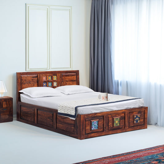Hinton King Size Double Bed in Honey Oak Finished Rajasthali Furniture - Rajasthali Furniture 