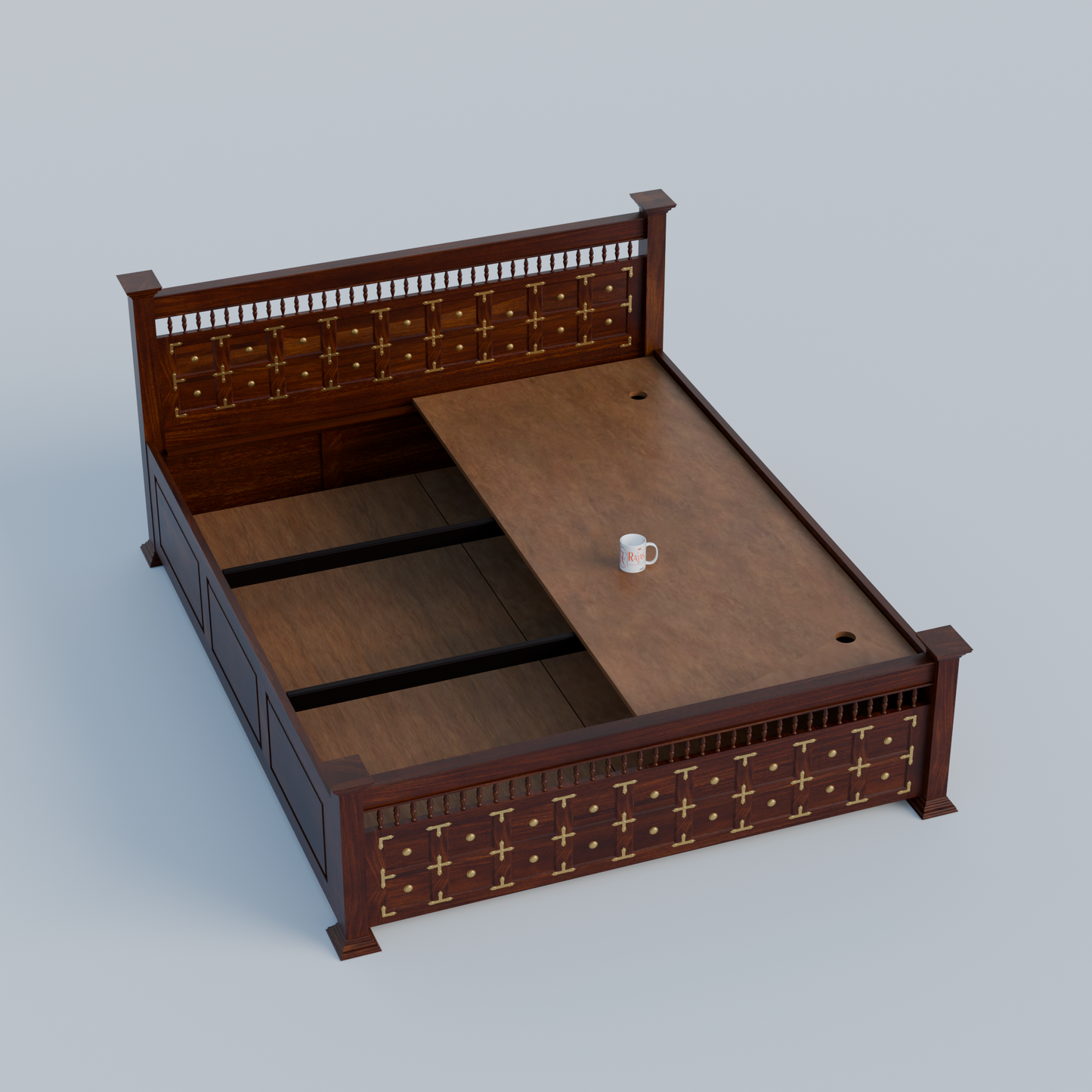 Solid Wood King Size Double with Brass LT Plus Design in Honey Oak and Walnut Color