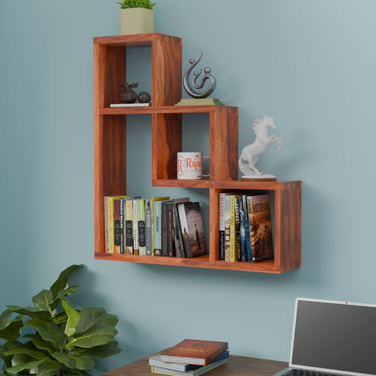 Solid Wood Wall Mount Wall Shelf for home decor in Natural and walnut finish