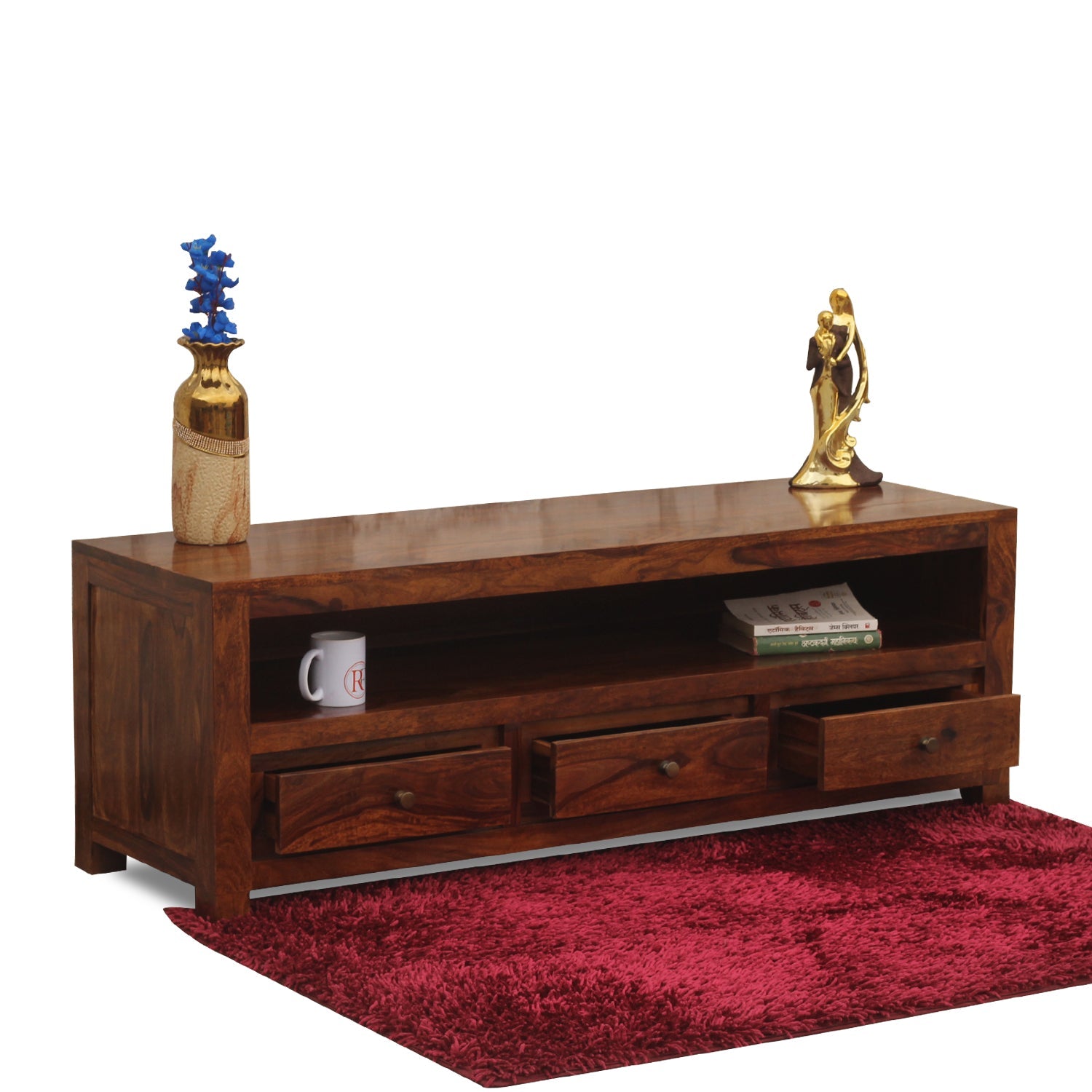 Trent Three Drawers with One Big Shelf wooden LCD cabinet in honey oak finish - Rajasthali Furniture 