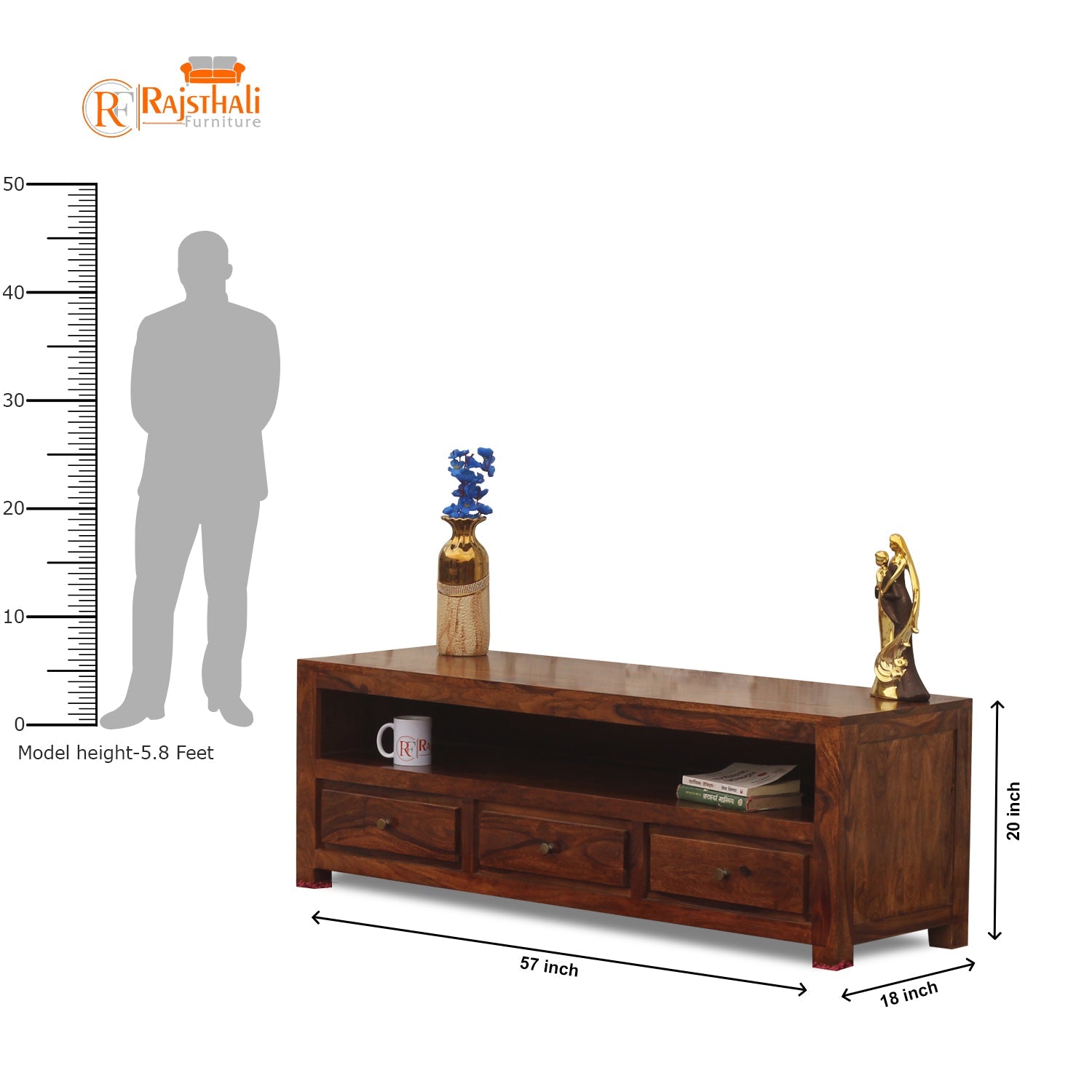 Trent Three Drawers with One Big Shelf wooden LCD cabinet in honey oak finish - Rajasthali Furniture 