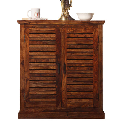 Haze Solid Sheesham Wood Floor Mounted Two Door Shoe Rack in Honey Oak Finish - Rajasthali Furniture 