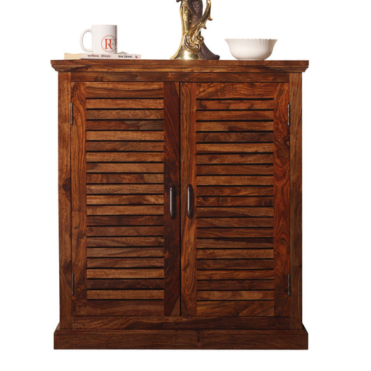 Haze Solid Sheesham Wood Floor Mounted Two Door Shoe Rack in Honey Oak Finish - Rajasthali Furniture 