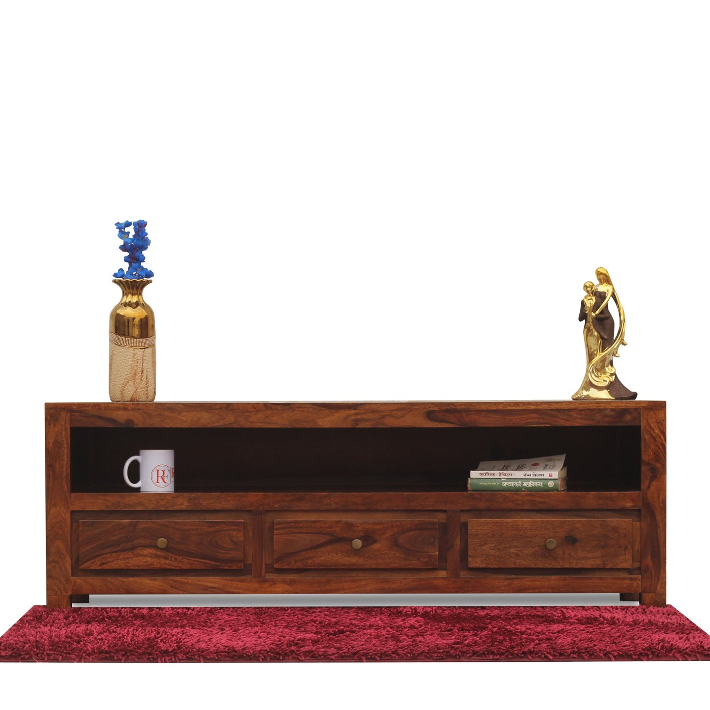 Trent Three Drawers with One Big Shelf wooden LCD cabinet in honey oak finish - Rajasthali Furniture 