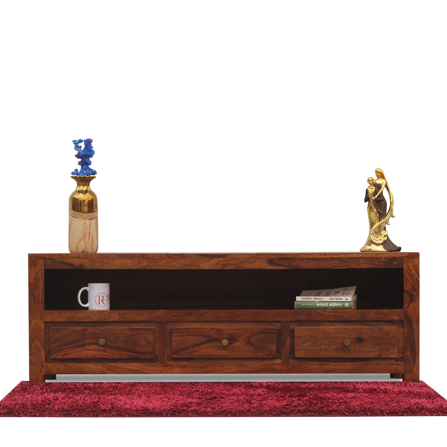 Trent Three Drawers with One Big Shelf wooden LCD cabinet in honey oak finish - Rajasthali Furniture 