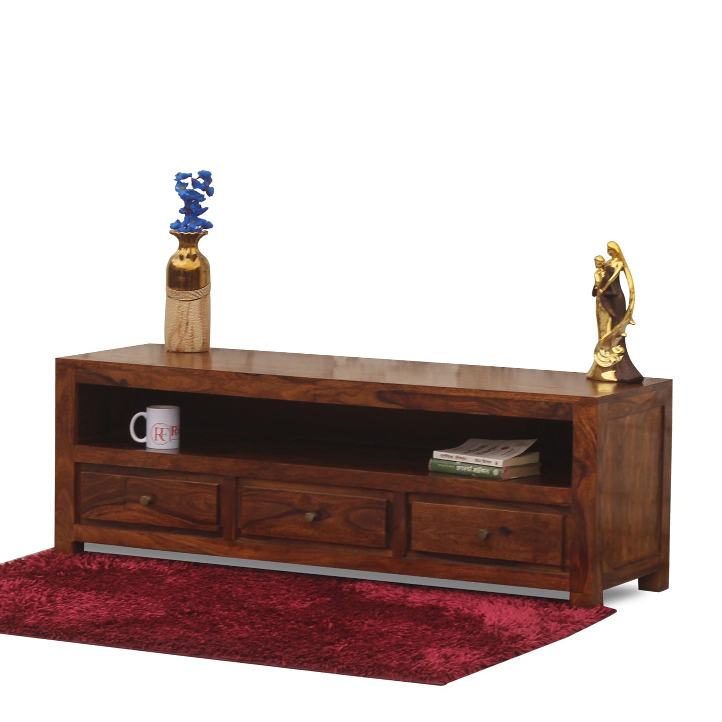 Trent Three Drawers with One Big Shelf wooden LCD cabinet in honey oak finish - Rajasthali Furniture 