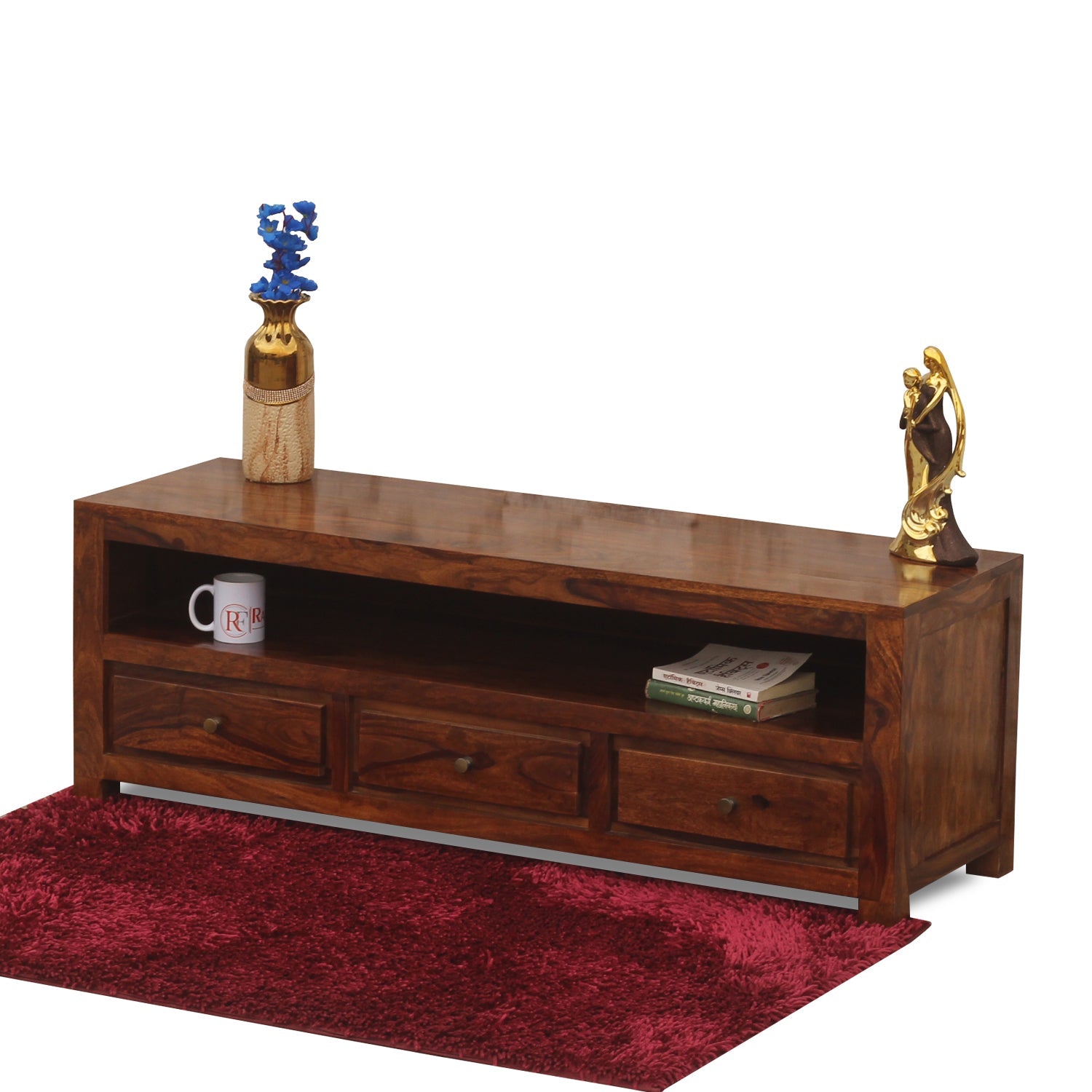 Trent Three Drawers with One Big Shelf wooden LCD cabinet in honey oak finish - Rajasthali Furniture 