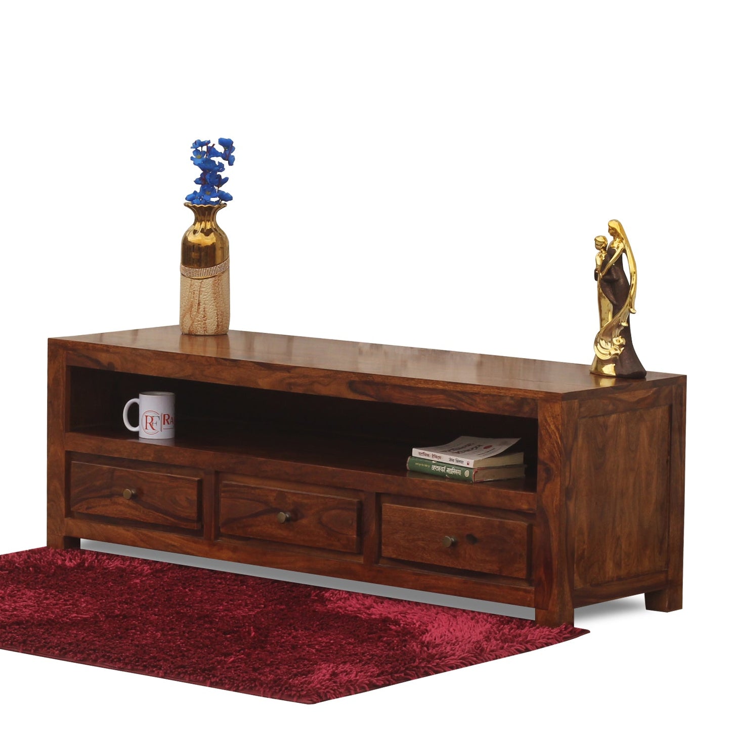 Trent Three Drawers with One Big Shelf wooden LCD cabinet in honey oak finish - Rajasthali Furniture 