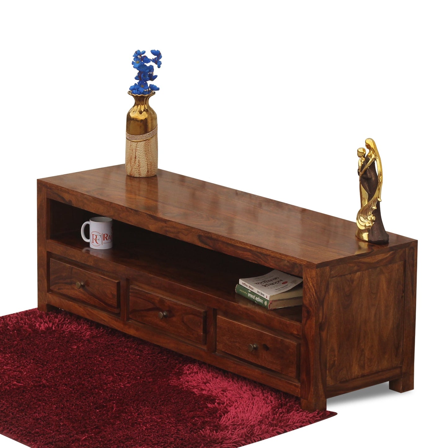 Trent Three Drawers with One Big Shelf wooden LCD cabinet in honey oak finish - Rajasthali Furniture 