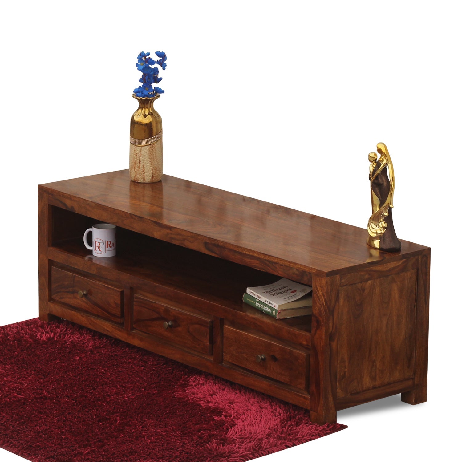 Trent Three Drawers with One Big Shelf wooden LCD cabinet in honey oak finish - Rajasthali Furniture 