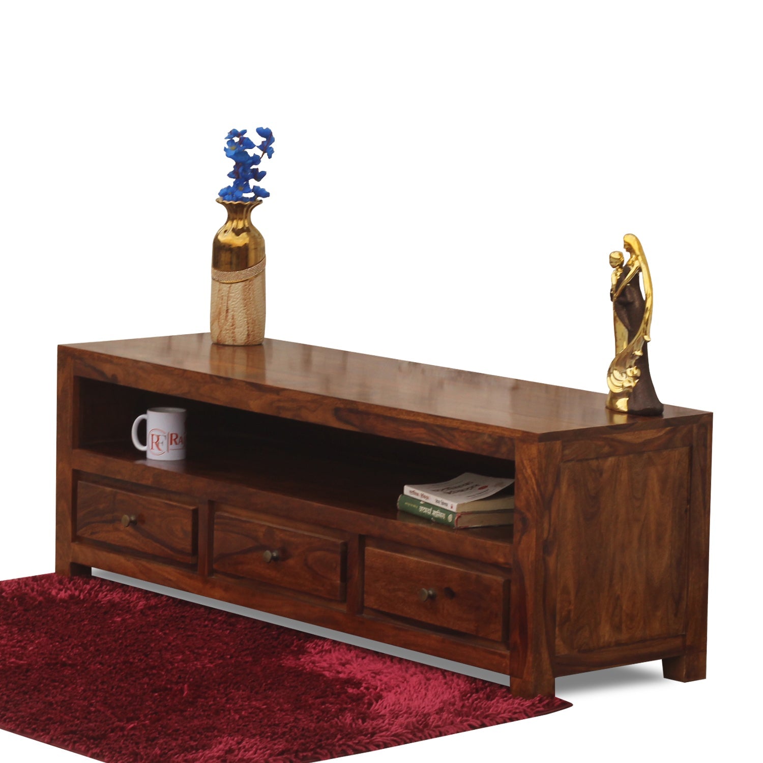 Trent Three Drawers with One Big Shelf wooden LCD cabinet in honey oak finish - Rajasthali Furniture 